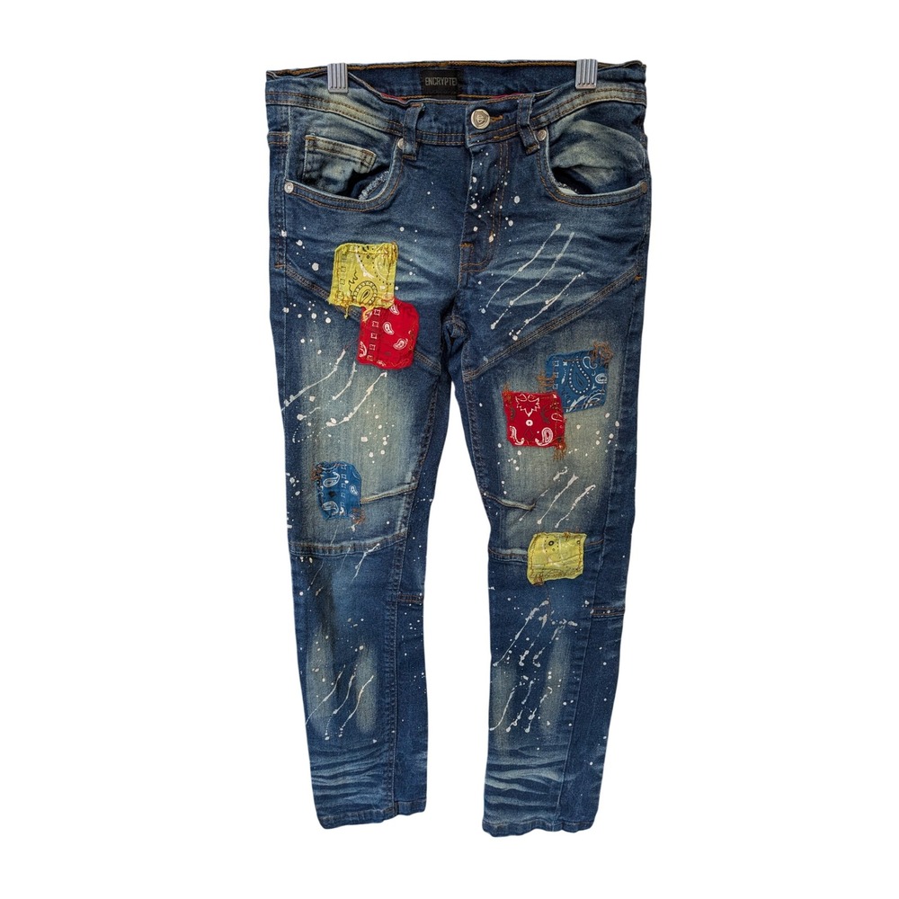 Encrypted Boys Blue Denim Patchwork Jeans Size 10 Bandana Paint Slim Fit